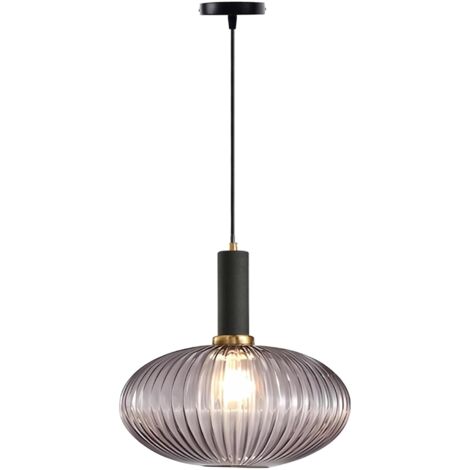 Suspension Moderne en Verre Strié avec Douille E27, Luminaire Suspendu pour Îlot de Cuisine, Salle à Manger, Chambre (Gris, 30cm)
