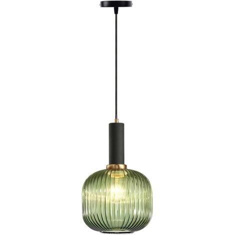 Suspension Moderne en Verre Strié avec Douille E27, Luminaire Suspendu pour Îlot de Cuisine, Salle à Manger, Chambre (Vert, 20cm)