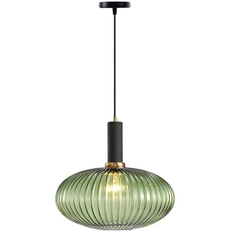 Suspension Moderne en Verre Strié avec Douille E27, Luminaire Suspendu pour Îlot de Cuisine, Salle à Manger, Chambre (Vert, 30cm)