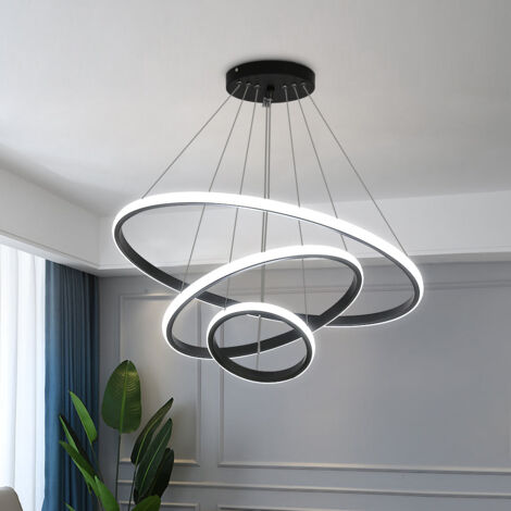 Suspension Moderne Plafonnier LED Lustre Aluminium LED 76W en Forme de Cercle 3 Anneaux Lustre Suspendu Réglable Plafonnier Contemporain, Dimmable 3000K/4500K/6500K, Noir