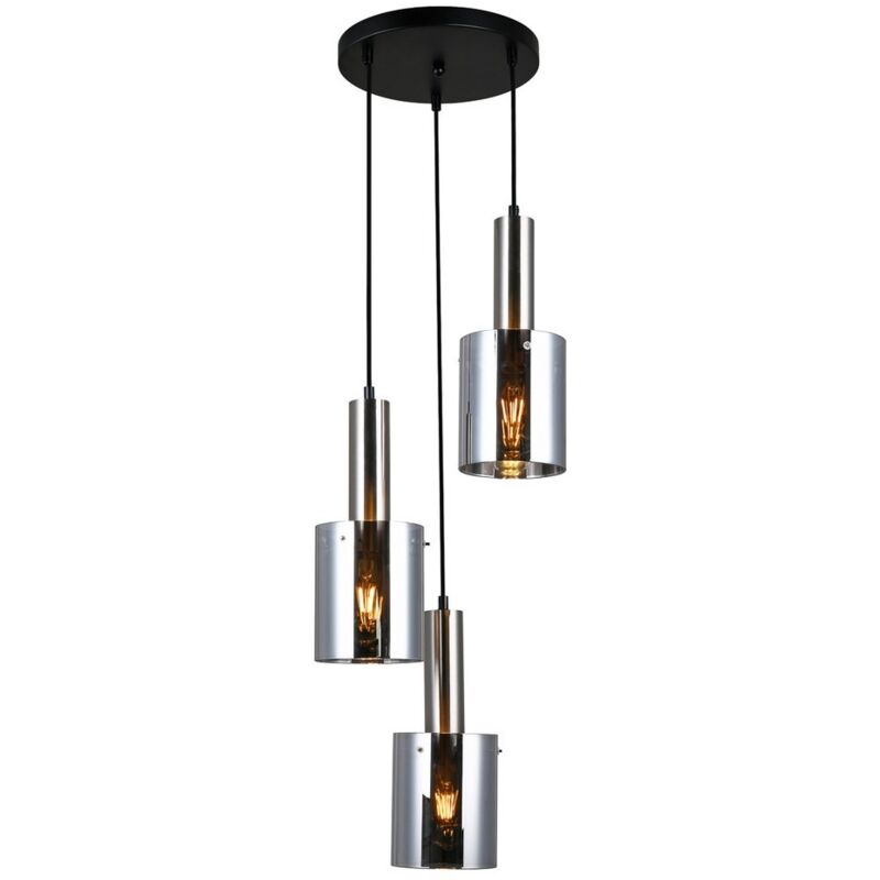 Sardo - Suspension moderne à 3 lampes, nickel satiné, verre, abat-jour fumé, E27 - Italux