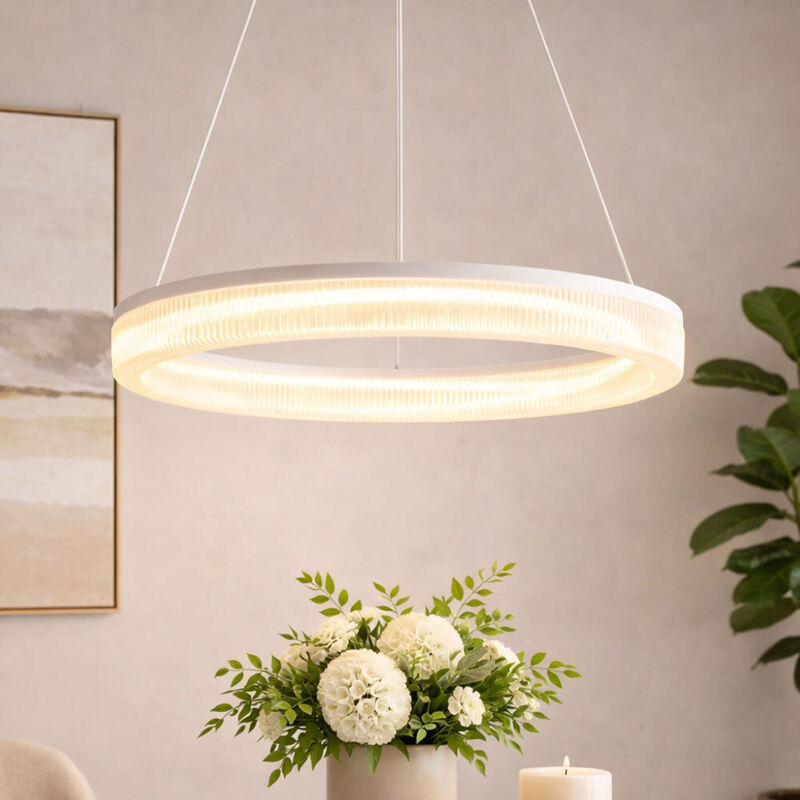 Suspension LED Réglable en hauteur Suspension Anneaux Lampe de salle à manger blanc sable, métal, 16W 1100Lm blanc chaud, DxH 33x150 cm Suspension LED Réglable en hauteur Suspension Anneaux Lampe de salle à manger blanc sable, métal, 16W 1100Lm blanc chaud, DxH 33x150 cm