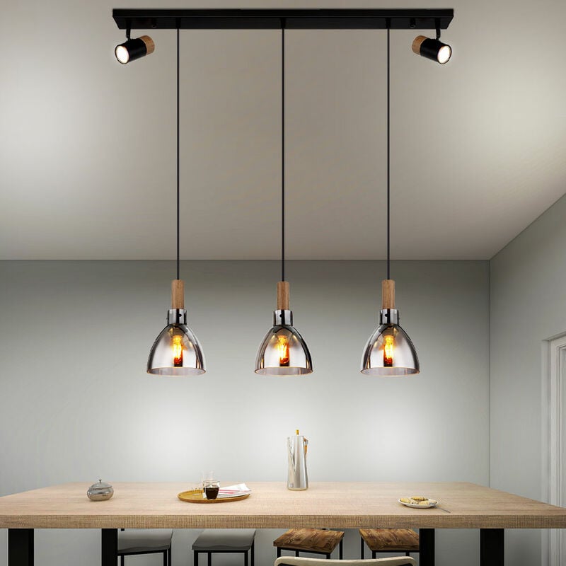 Suspension, noir, moderne, lampe de table à manger, 5 spots de flamme, pivotant, aspect bois, verre métal, fumé, douille GU10/E27, LxlxH 95x16x120 cm