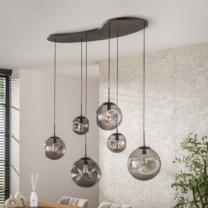 Suspension organique 6 lampes 135x60x150 cm en verre fumé noir Suspension organique 6 lampes 135x60x150 cm en verre fumé noir