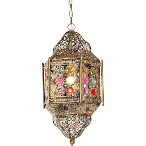 Suspension orientale dorée et multicolore en métal ajouré - doré pierres multicolores