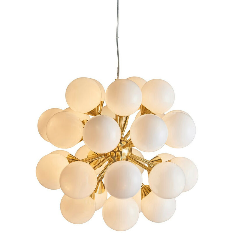 

Oscar - Colgante Plato Efecto Dorado Cepillado Satinado & Vidrio Blanco Brillo 28 Luz Regulable IP20 - G9 - Endon Lighting