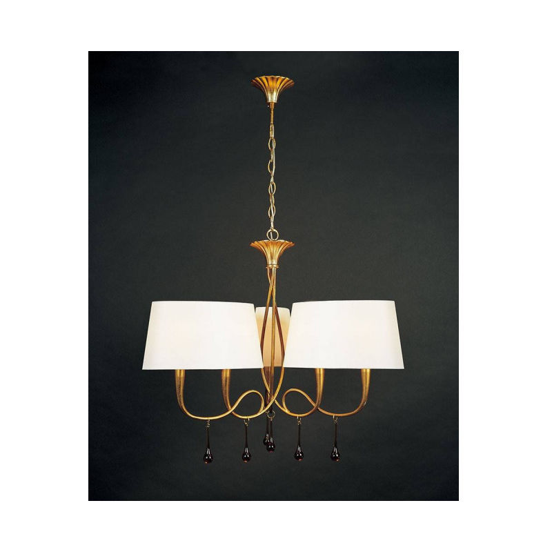 Diyas - Suspension Paola 3 Arm 6 Ampoules E14, doré peint avec Abat jour crèmes & verre ambré goutelettes - Doré