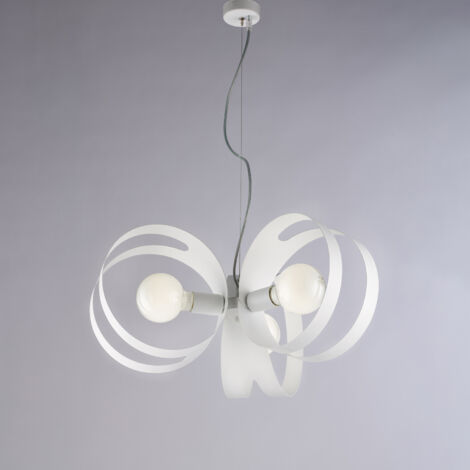 Suspension Peter fer blanc, bandes découpées laser, câble acier réglable, 3 lumières d.48 cm, style épuré élégant