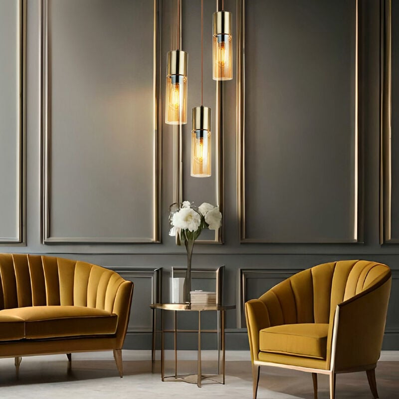 Suspension Plafonnier à 3 lampes Lampe à suspension en métal et verre Suspension, 3x E27, métal laiton verre couleur ambre, 30x150cm, salon chambre