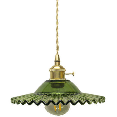 Suspension Plafonnier E27 - Luminaire Vintage Industriel en Verre Vert et Support Laiton - 60cm Cable Tressé