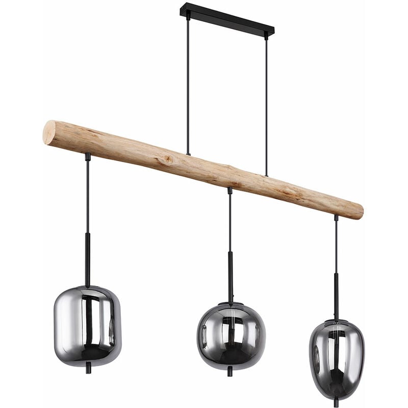 Suspension plafonnier salon lampe suspension lampe salle à manger, métal verre noir bois fumé, 3 flammes, h 130 cm