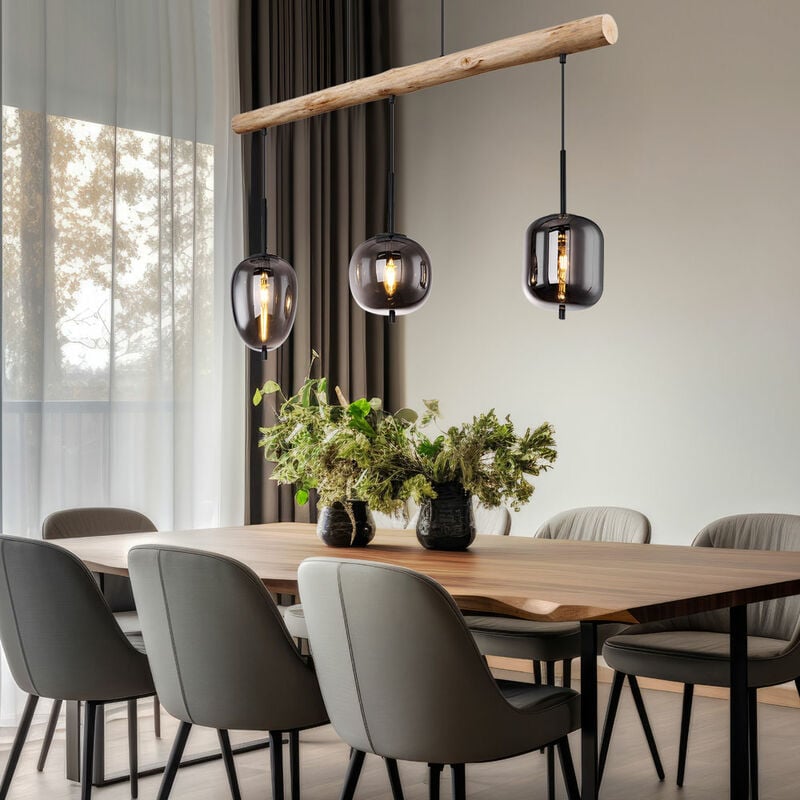 Suspension plafonnier salon lampe suspension lampe salle à manger, métal verre noir bois fumé, 3 flammes, h 130 cm