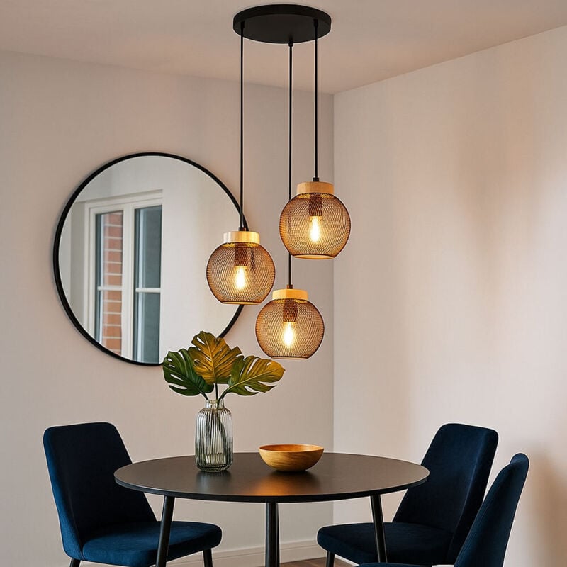 Globo Lighting - Suspension plafonnier suspension vintage suspension métal noir industriel, 3 ampoules, bois marron, 3x douilles E27, DxH 44x120cm
