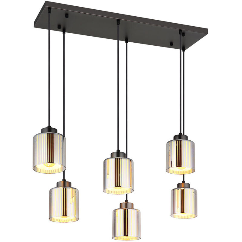 Suspension, plafonnier, verre noir, chrome, 6 lumières, L 83 cm Suspension, plafonnier, verre noir, chrome, 6 lumières, L 83 cm