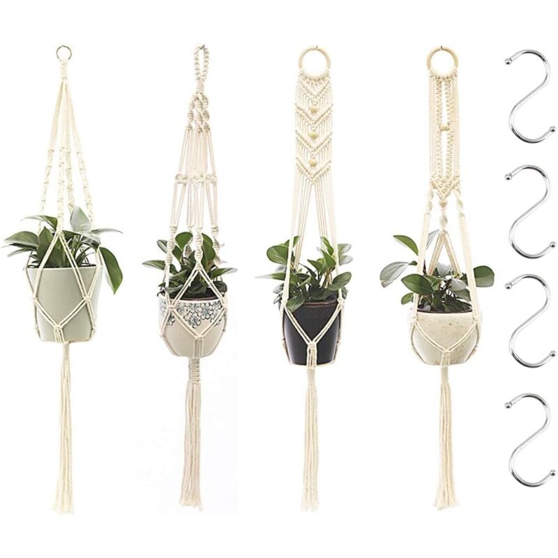 Suspension Plantes Macramé, 4 Pièces Macramé Panier de Supports de Plantes avec 4 Crochets de Suspension, Tissés à Main Fleurs en Macramé Plant