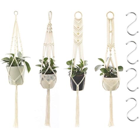 Suspension Plantes Macramé - Corde Coton 100 cm - Pour Pots Jusqu'à 25 cm - Avec Crochets Métalliques - Lot de 4