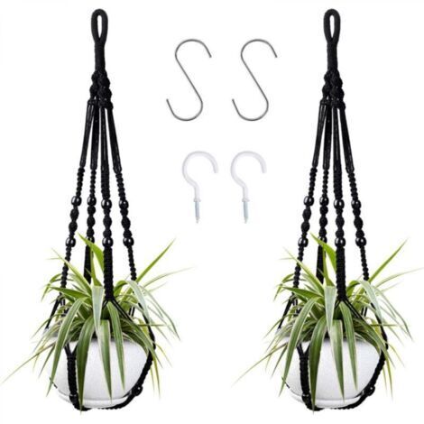 Suspension pour plantes avec perles en bois - 85 cm - Corde de coton noire - Lot de 2 paires
