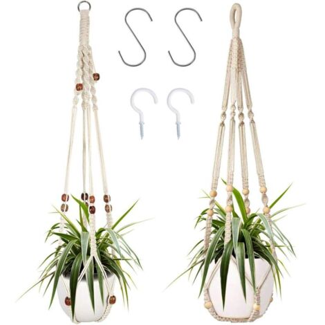 Suspension pour plantes d'intérieur en corde de coton blanche, 85 cm, avec perles en bois, pour décoration intérieure, sans crochets, 2 paires