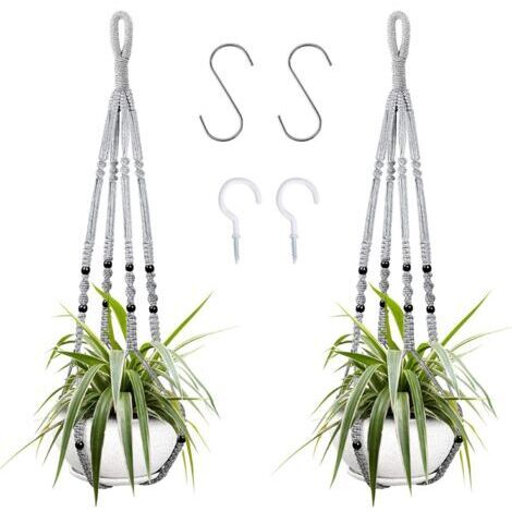 Suspension pour plantes d'intérieur en corde de coton grise, 98 cm, avec perles en bois, pour décoration intérieure, sans crochets, 2 paires