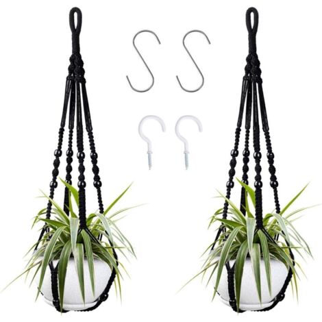 Suspension pour plantes d'intérieur en corde de coton noire, 85 cm, avec perles en bois, pour décoration intérieure, sans crochets, 2 paires