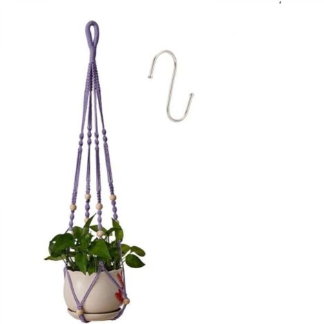 Suspension pour plantes d'intérieur en corde de coton violet, 85 cm, avec perles en bois, pour décoration intérieure, sans crochet, 1 paire