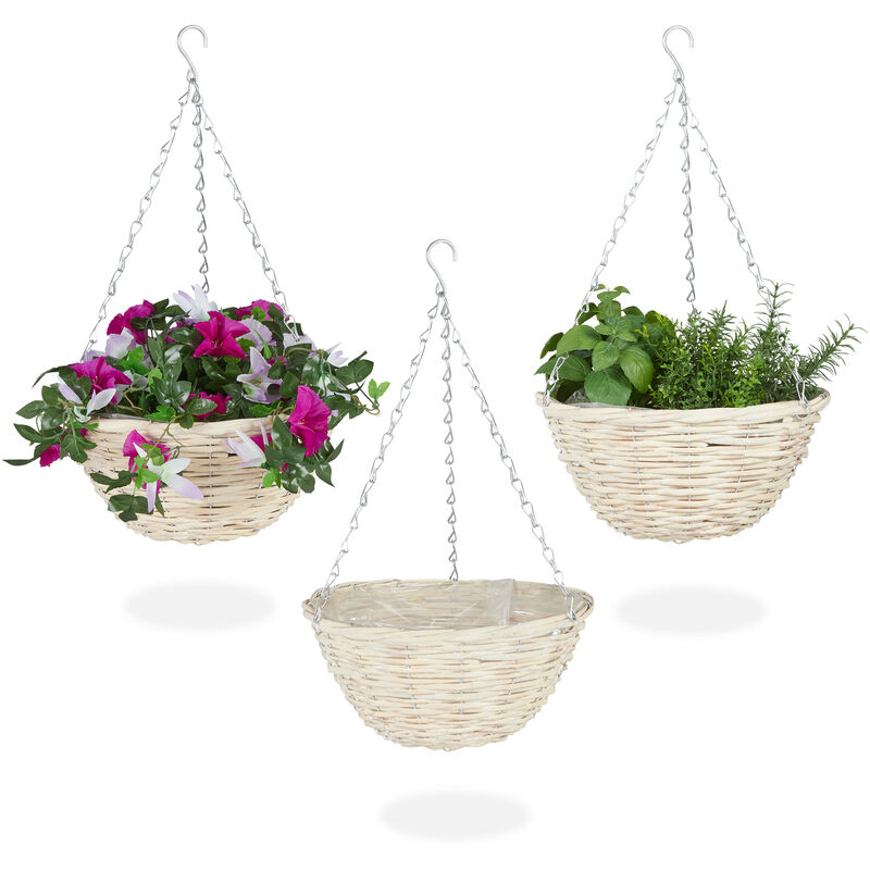 Suspension pour plantes en lot de 3, panier tressé en osier, fait main, pot de fleurs HxD 12 x 25 cm, nature - Relaxdays