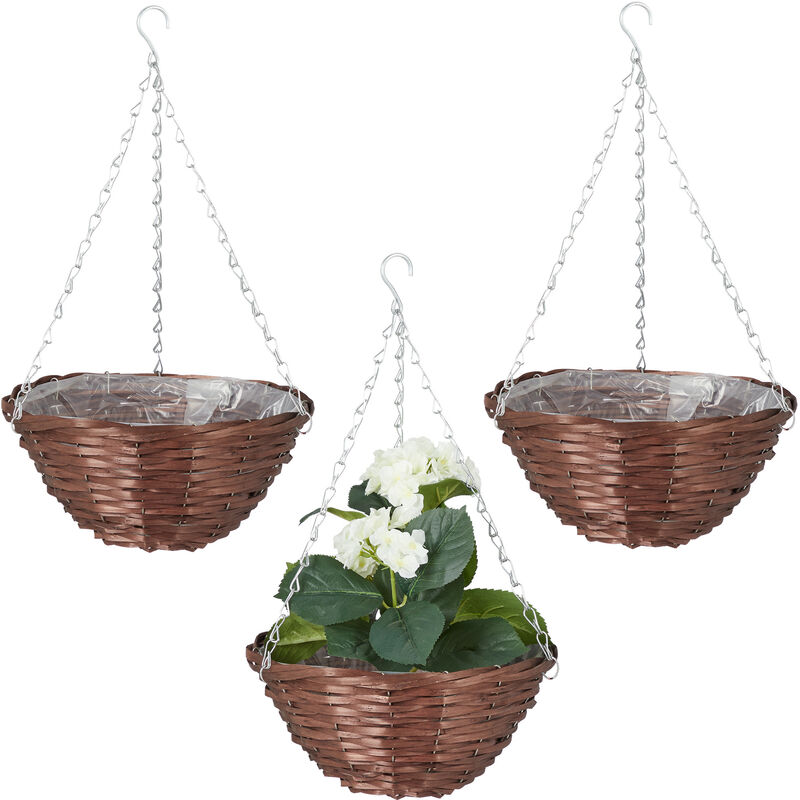Relaxdays - Suspension pour plantes, lot de 3, diamètre de 30 cm, film d'intérieur à planter, fleurs, osier et fer, brun