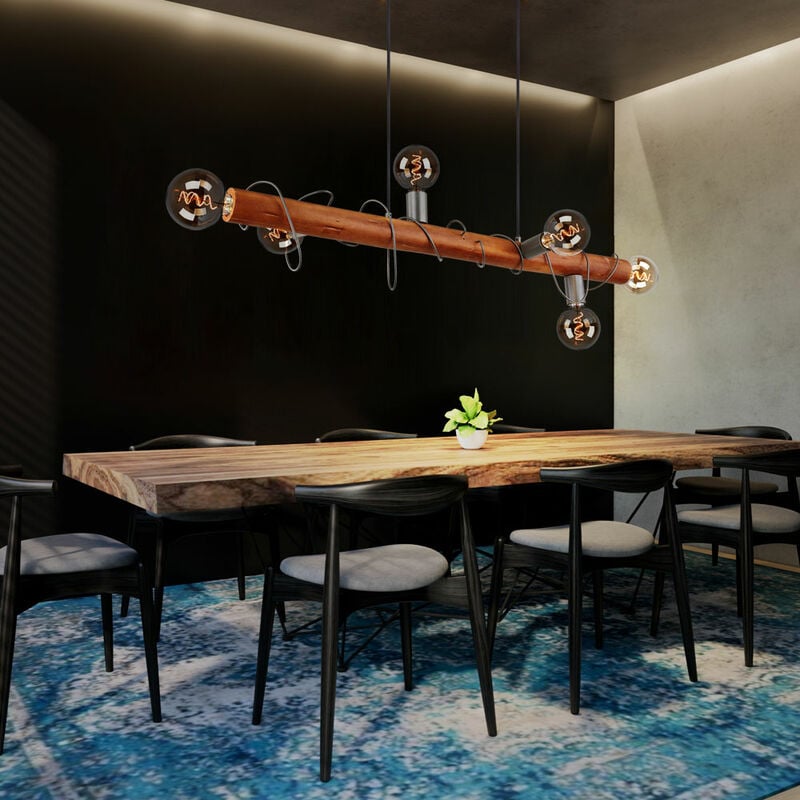 Suspension poutre en bois lampe de salle à manger lampe suspendue en bois réglable en hauteur, métal, 6x douilles E27, LxlxH 100x20x120 cm