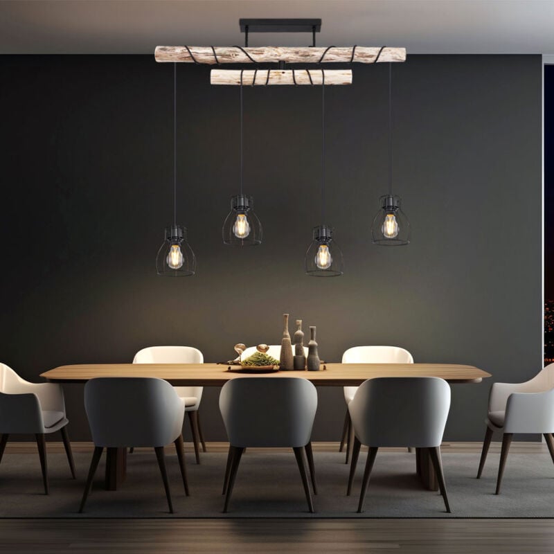 Suspension poutre en bois lampe en bois lampe de salle à manger à 4 lampes suspension réglable en hauteur, métal noir, 4x douilles E27, LxlxH