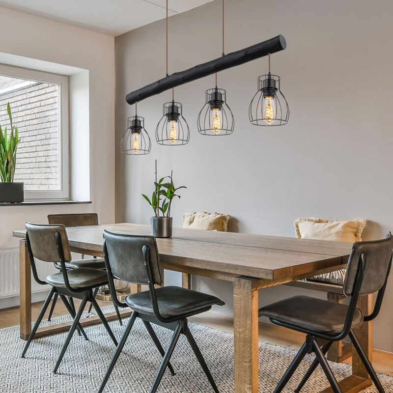 Globo Lighting - Suspension poutre en bois lampe suspendue lampe de salon rétro en bois avec quatre abat-jour en grille métallique, noir mat, 4x E27,