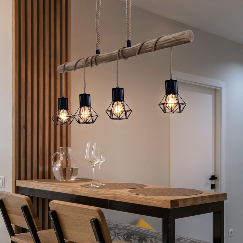 Suspension poutre en bois naturel Suspension cage noir Suspension bois style campagnard, noir, 4x douilles E27, LxlxH 100x15x120 cm