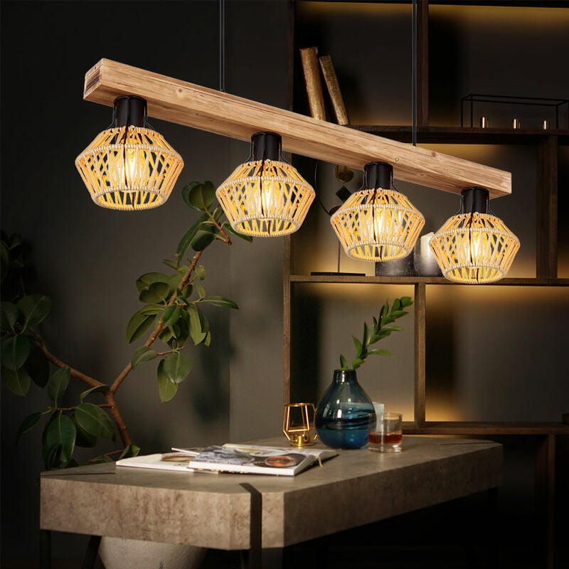 Suspension poutres en bois de chanvre suspension 4 flammes lampe de table à manger aspect bois, abat-jour en métal chanvre Boho marron noir, 4x