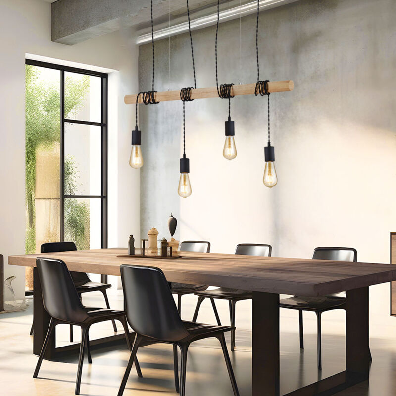 Suspension poutres en bois suspension rétro bois salle à manger lampe suspension 4 flammes, câble noir, 4x E27, LxlxH 90 x 15 x 150 cm