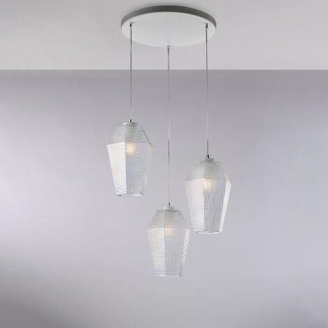 Suspension Prisma fer blanc, câbles réglables, diffuseurs en verre soufflé transparent décor en relief, 3 lumières