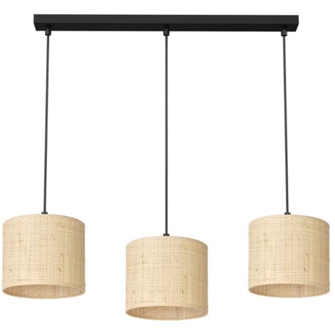 Suspension rattan 3 abat-jour crème barre noire 75cm E27