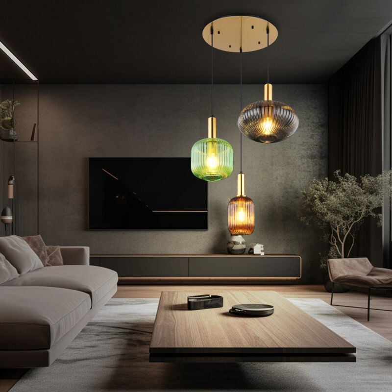 Suspension rétro laiton suspension table à manger verre suspension verre 3 flammes, café vert fumée, aluminium métal, 3x douilles E27, DxH 55x130 cm