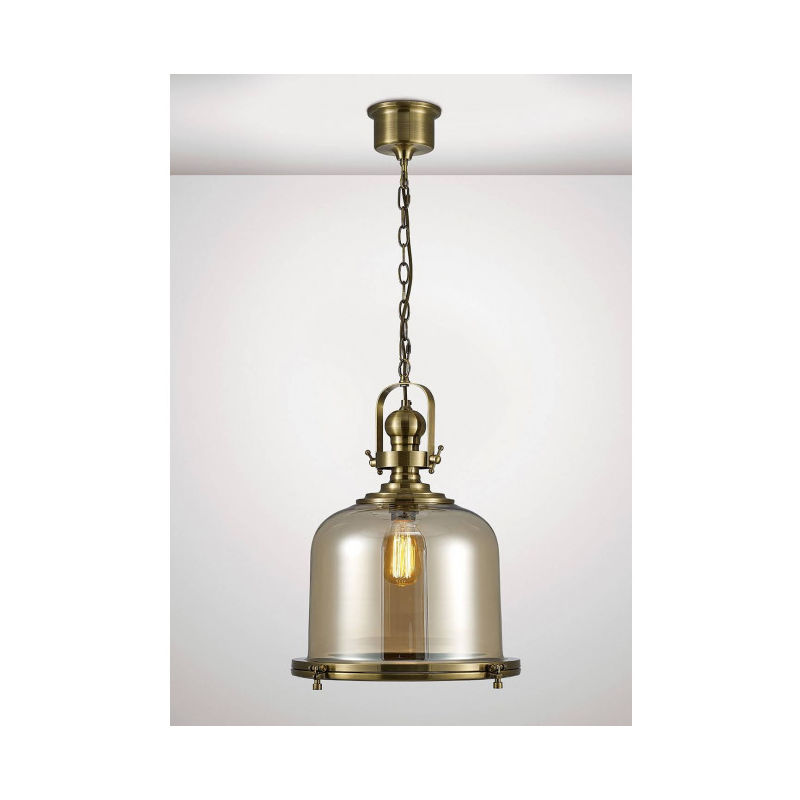 Diyas - Suspension Riley Single Large Bell 1 Ampoule E27 laiton antique/Verre cognac - Laiton