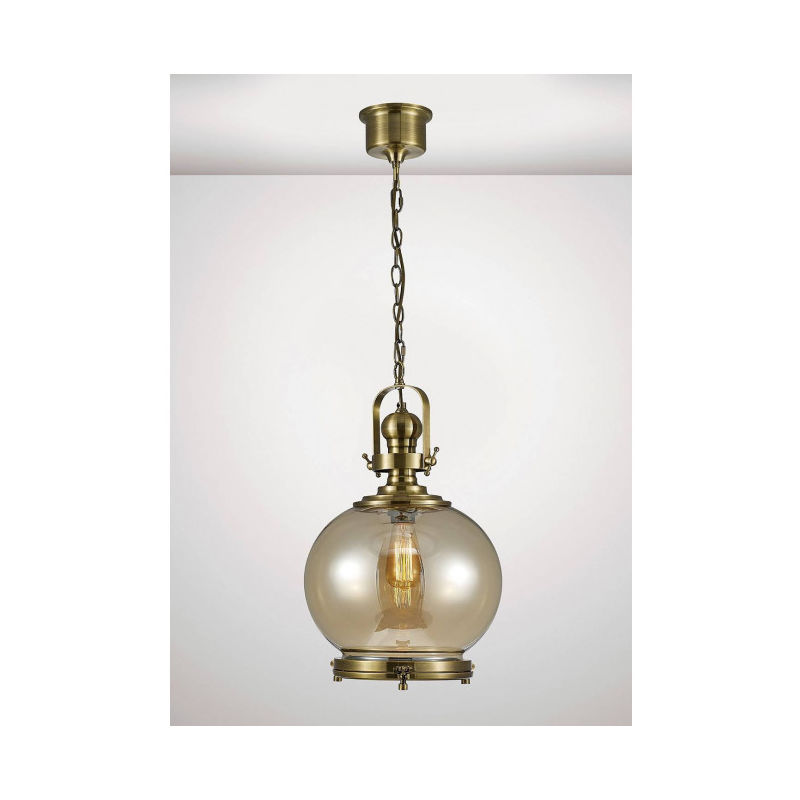 Diyas - Suspension Riley Single Medium Ball 1 Ampoule E27 laiton antique/Verre cognac - Laiton