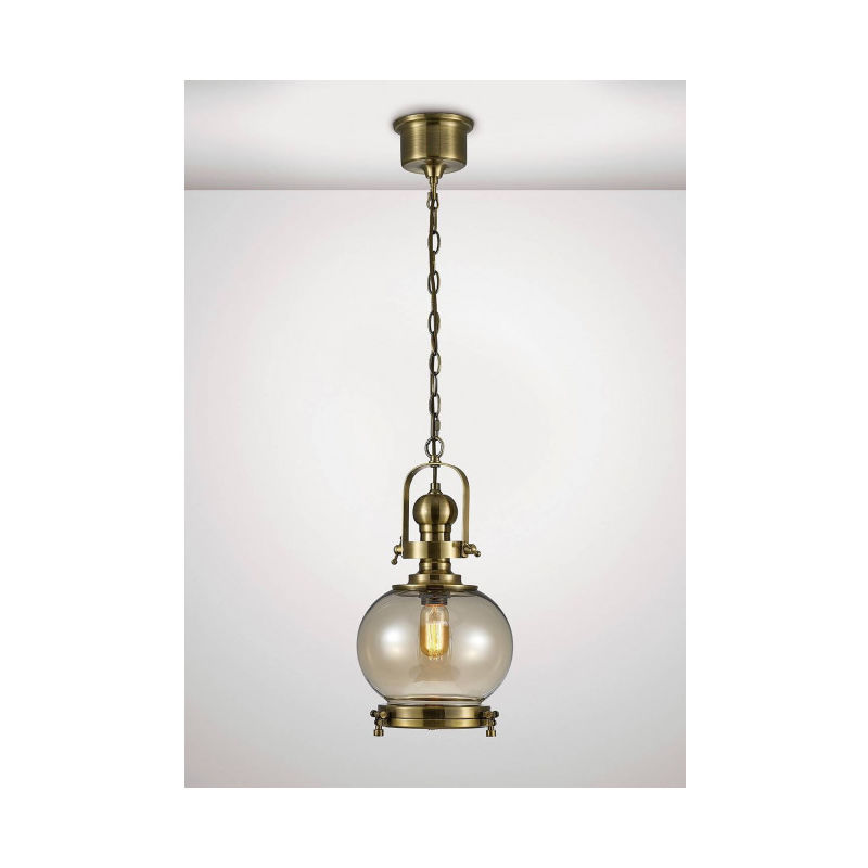 Diyas - Suspension Riley Single Small Ball 1 Ampoule E27 laiton antique/Verre cognac - Laiton