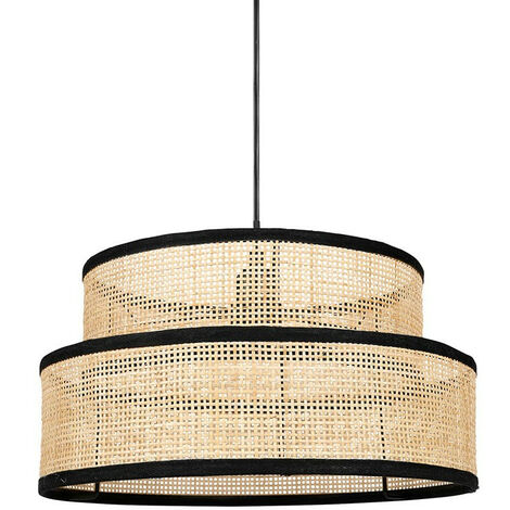 Suspension ronde cannage naturel – 2 abat-jours – Douille E27 – Cordon 100 cm – D35 x H19 cm – Pour éclairage intérieur – Ostaria