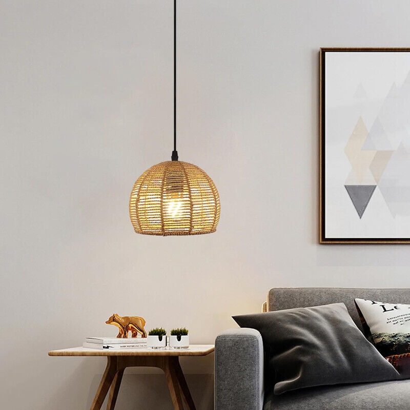 Goeco – Lustre en rotin naturel tissé à la main – Abat-jour rond 20cm – Cordon réglable 120cm – Culot E27 pour éclairage intérieur