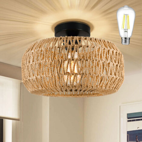 Suspension rotin, Plafonnier E27 RéTro avec Boho Tissé Abat Jour ,360° éclairage,pour salon/chambre/cuisine/couloir