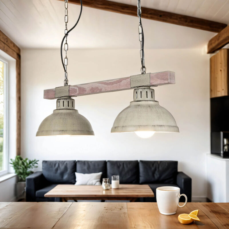 Lustre suspension d'intérieur hakon blanc shabby en bois au design élégant en style vintage 2xE27 L:60cm - Blanc miteux, bois