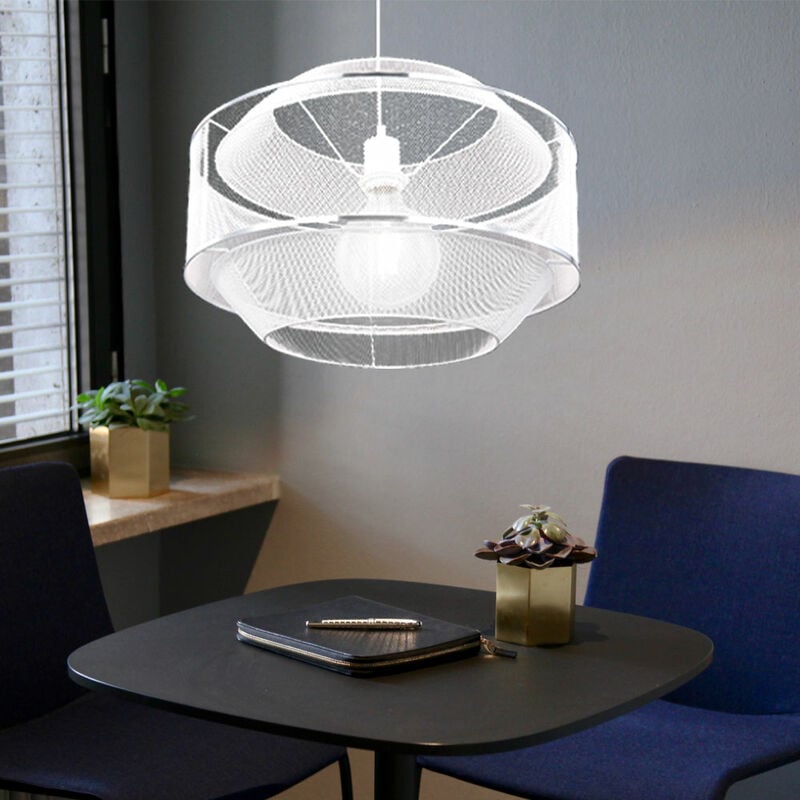 Suspension salle à manger suspension suspension grille métallique avec anneaux chromés, blanc argent rond, 1x E27, DxH 45x150 cm, salon