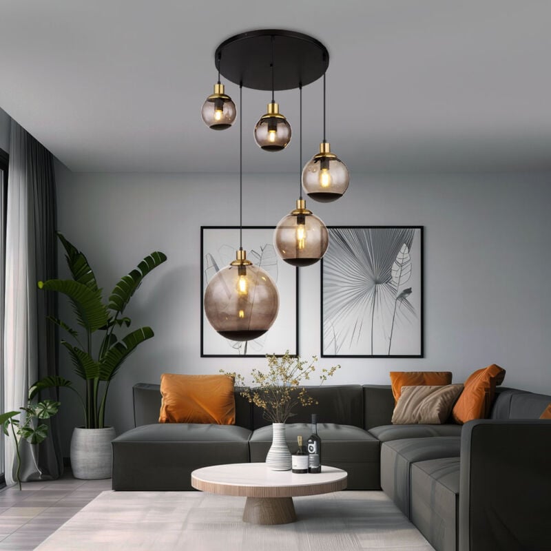Globo - Suspension salon 5 flammes lampe salle à manger Suspension industrielle noire, boules de verre laiton fumé, 5x douilles E27, DxH 65x150 cm