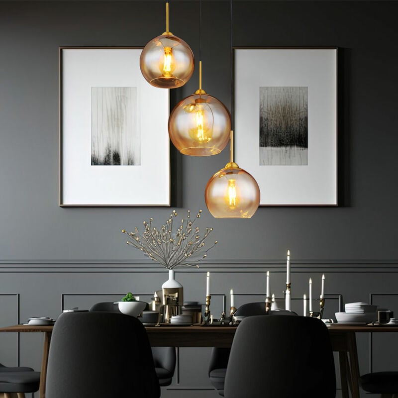 Suspension salon suspension lampe de table à manger 3 flammes, boule de verre laiton ambre 3x E27, DxH 43x150 cm