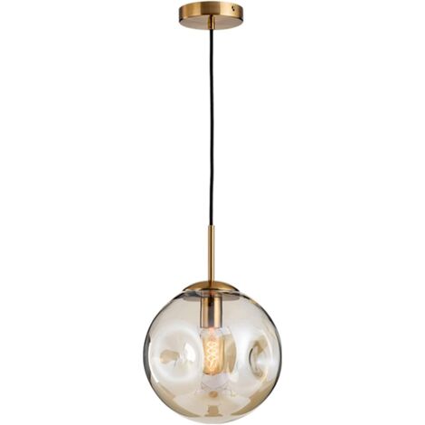 Suspension sphérique boule de verre, base dorée et plafonnier suspendu globe en verre (Ambre, 25cm)