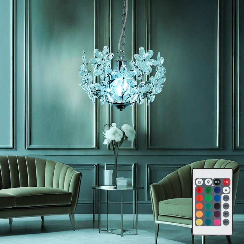 Suspension suspension feuille plafonnier suspension design fleur, acrylique, chrome, télécommande dimmable, 1x led rgb 8,5W 806Lm blanc chaud, DxH