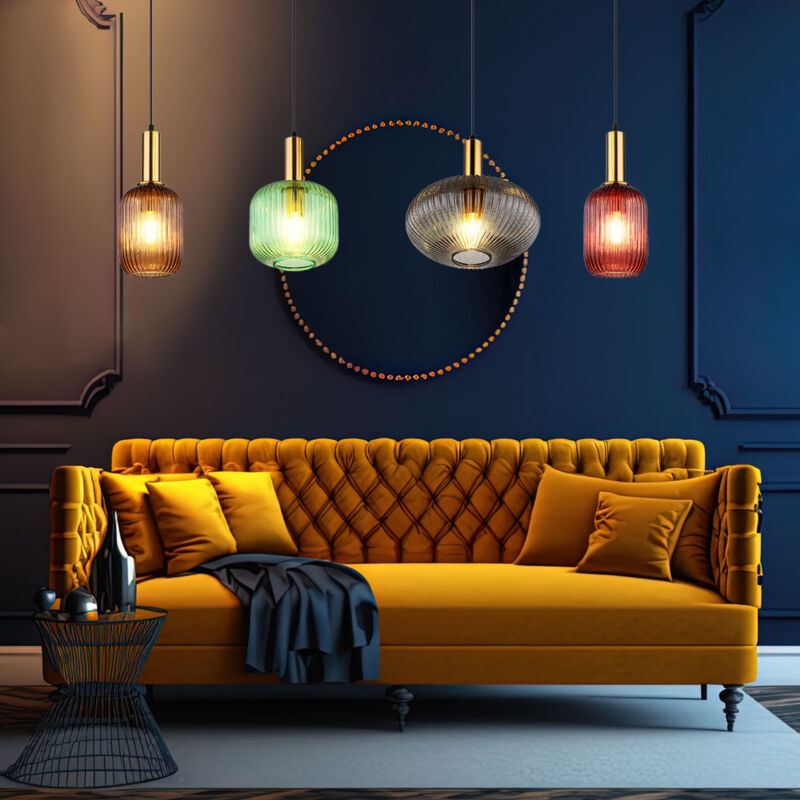 Suspension, suspension, lampe de salle à manger, 4 flammes, lampe design, abat-jour en verre coloré, métal, laiton noir, 4x E27, LxlxH 115x30x120 cm