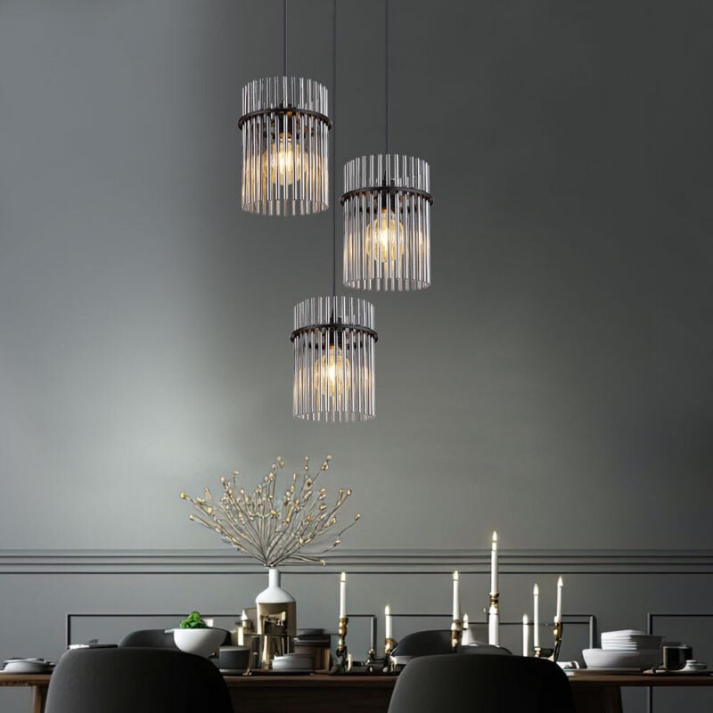 Lampe à suspendre Lampe de salle à manger Lampe de salon Plafonnier, métal barres de verre noir fumé, 3x LED 9W 810Lm blanc chaud, H 140 cm